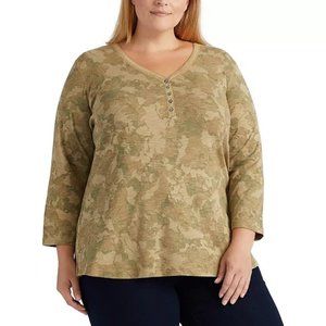 Chaps 3/4 Sleeves Camo Green Henley Top 1X